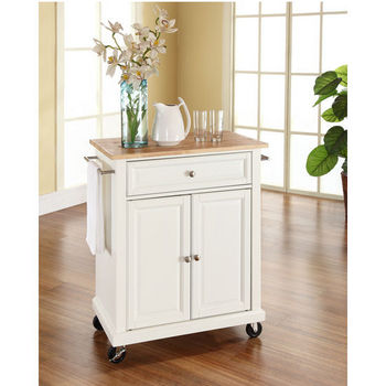 Crosley Furniture Natural Wood Top Portable Kitchen Cart/Island in White Finish