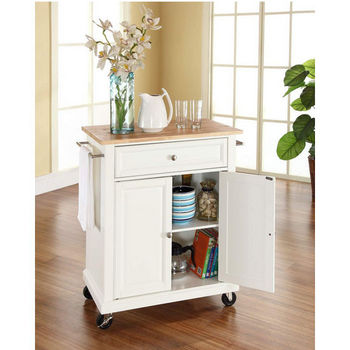 Crosley Furniture Natural Wood Top Portable Kitchen Cart/Island in White Finish