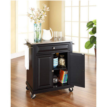 Crosley Furniture Stainless Steel Top Portable Kitchen Cart/Island in Black Finish
