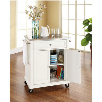 Crosley Furniture Stainless Steel Top Portable Kitchen Cart/Island in White Finish