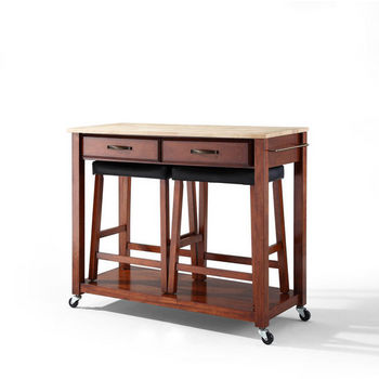 Crosley Furniture Natural Wood Top Kitchen Cart/Island in Classic Cherry Finish With 24" Cherry Upholstered Saddle Stools