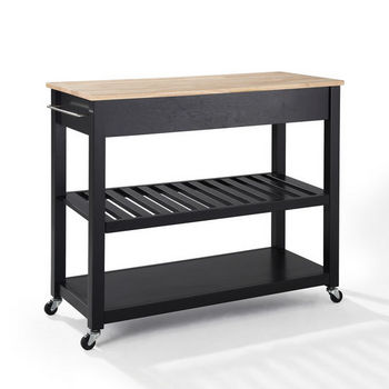 Crosley Furniture Natural Wood Top Kitchen Cart/Island With Optional Stool Storage in Black Finish