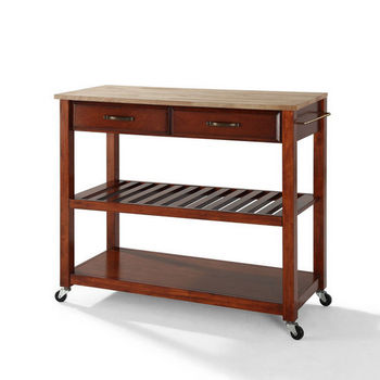 Crosley Furniture Natural Wood Top Kitchen Cart/Island With Optional Stool Storage in Classic Cherry Finish