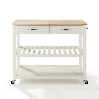 Crosley Furniture Natural Wood Top Kitchen Cart/Island With Optional Stool Storage in White Finish