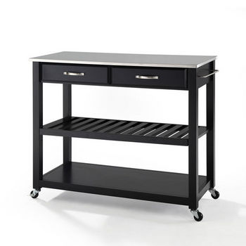 Crosley Furniture Stainless Steel Top Kitchen Cart/Island With Optional Stool Storage in Black Finish
