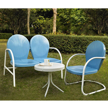 Crosley Furniture Griffith 3 Piece Metal Outdoor Conversation Seating Set - Loveseat & Chair in Sky Blue Finish with Side Table in White Finish