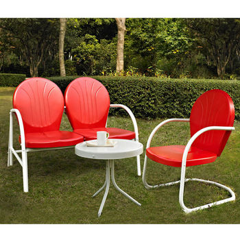 Crosley Furniture Griffith 3 Piece Metal Outdoor Conversation Seating Set - Loveseat & Chair in Red Finish with Side Table in White Finish