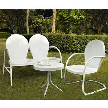 Crosley Furniture Griffith 3 Piece Metal Outdoor Conversation Seating Set - Loveseat & Chair in White Finish with Side Table in White Finish