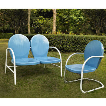 Crosley Furniture Griffith 2 Piece Metal Outdoor Conversation Seating Set - Loveseat & Chair in Sky Blue Finish
