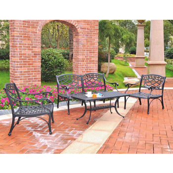 Crosley Furniture Sedona 4 Piece Cast Aluminum Outdoor Conversation Seating Set - Loveseat, 2 Club Chairs & Cocktail Table in Black Finish