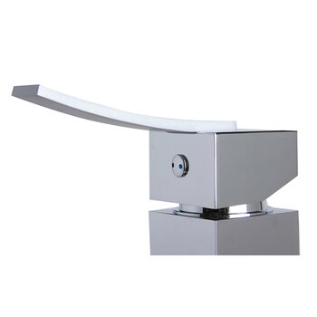 Alfi brand Square Body Curved Spout Single Lever Bathroom Faucet, Height: 7'' H, Spout Height: 2-5/8'' H, Spout Reach: 4-1/8'' D, Polished Chrome, Lever Close Up