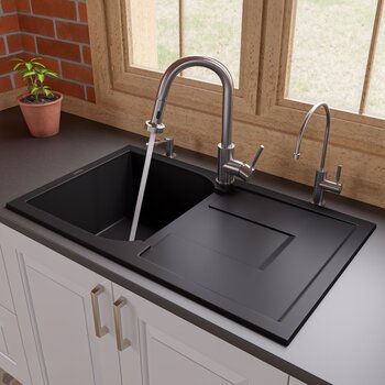 Alfi brand Black 34" Single Bowl Granite Composite Kitchen Sink with Drainboard, 33-7/8" W x 19-3/4" D x 9-1/16" H