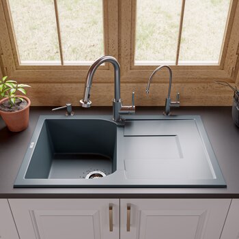 ALFI brand 34" Titanium Single Bowl Granite Composite Kitchen Sink with Drainboard in Titanium, 33-7/8" W x 19-3/4" D x 9-1/16" H