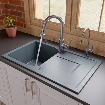 ALFI brand 34" Titanium Single Bowl Granite Composite Kitchen Sink with Drainboard in Titanium, 33-7/8" W x 19-3/4" D x 9-1/16" H