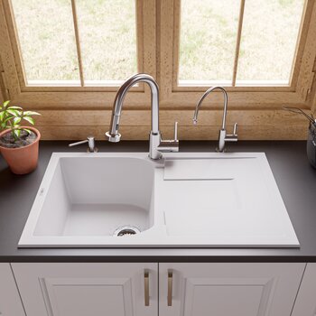 Alfi brand White 34" Single Bowl Granite Composite Kitchen Sink with Drainboard, 33-7/8" W x 19-3/4" D x 9-1/16" H