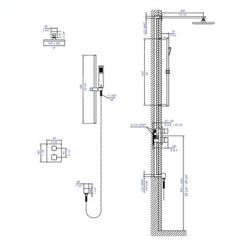 ALFI brand 2-Way Thermostatic Square Shower Set in Polished Chrome, Shower Height: 26'' H, Spout Reach: 15-7/8'' D, Dimensions Drawing