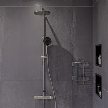 ALFI brand Round Style Thermostatic Exposed Shower Set in Brushed Nickel, Shower Height: 52-1/8'' H, Spout Reach: 8'' D, Spout Height: 47-5/8'' H, Lifestyle Installed View