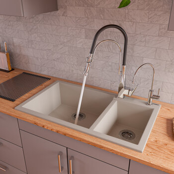 Alfi brand Biscuit 34" Double Bowl Drop In Granite Composite Kitchen Sink, 33-7/8" W x 19-3/4" D x 8-1/4" H