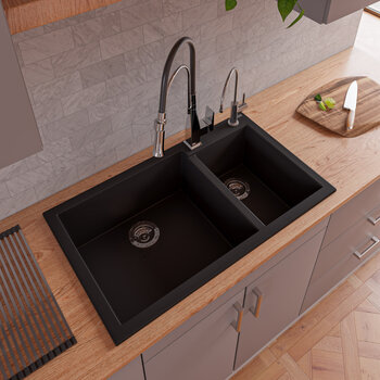 Alfi brand Black 34" Double Bowl Drop In Granite Composite Kitchen Sink, 33-7/8" W x 19-3/4" D x 8-1/4" H