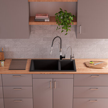 Alfi brand Black 34" Double Bowl Drop In Granite Composite Kitchen Sink, 33-7/8" W x 19-3/4" D x 8-1/4" H