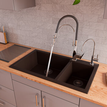 ALFI brand 34" Double Bowl Drop In Granite Composite Kitchen Sink in Chocolate, 33-7/8" W x 19-3/4" D x 8-1/4" H