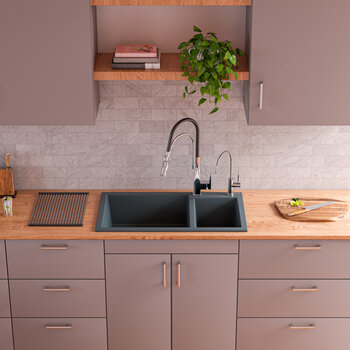 ALFI brand 34" Double Bowl Drop In Granite Composite Kitchen Sink in Titanium, 33-7/8" W x 19-3/4" D x 8-1/4" H