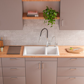 Alfi brand White 34" Double Bowl Drop In Granite Composite Kitchen Sink, 33-7/8" W x 19-3/4" D x 8-1/4" H