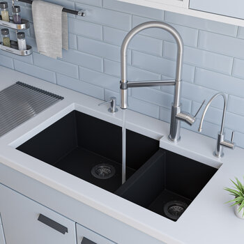 Alfi brand Black 34" Double Bowl Undermount Granite Composite Kitchen Sink, 33-7/8" W x 19-1/8" D x 8-3/8" H