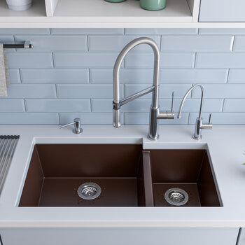 ALFI brand 34" Double Bowl Undermount Granite Composite Kitchen Sink in Chocolate, 33-7/8" W x 19-1/8" D x 8-3/8" H
