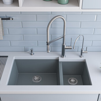 ALFI brand 34" Double Bowl Undermount Granite Composite Kitchen Sink in Titanium, 33-7/8" W x 19-1/8" D x 8-3/8" H