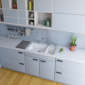 Alfi brand White 34" Double Bowl Undermount Granite Composite Kitchen Sink, 33-7/8" W x 19-1/8" D x 8-3/8" H
