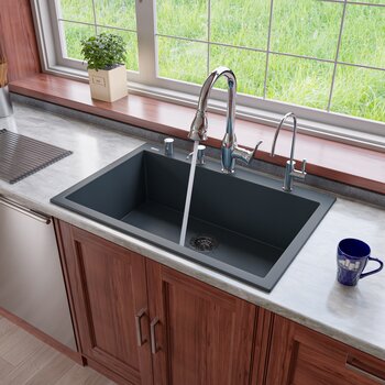 ALFI brand 33" Single Bowl Drop In Granite Composite Kitchen Sink in Titanium, 33" W x 22" D x 9-1/2" H