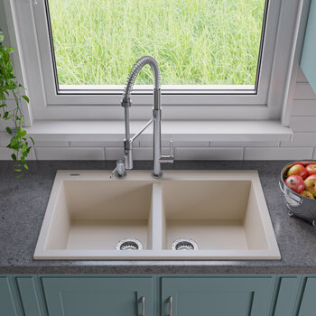 Alfi brand Biscuit 34" Drop-In Double Bowl Granite Composite Kitchen Sink, 33-7/8" W x 20-1/8" D x 8-1/4" H