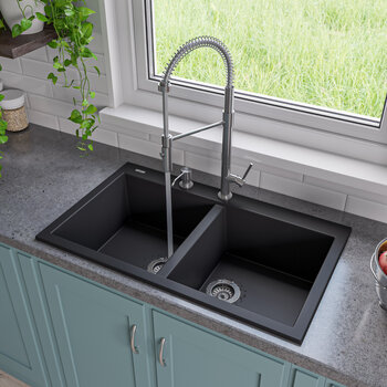 Alfi brand Black 34" Drop-In Double Bowl Granite Composite Kitchen Sink, 33-7/8" W x 20-1/8" D x 8-1/4" H