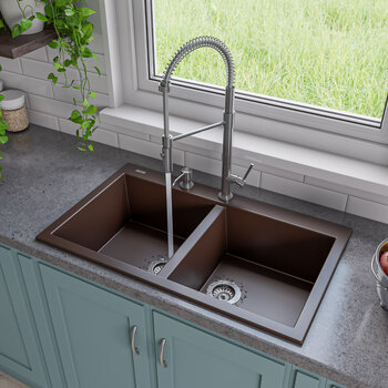 ALFI brand 34" Drop-In Double Bowl Granite Composite Kitchen Sink in Chocolate, 33-7/8" W x 20-1/8" D x 8-1/4" H