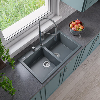 ALFI brand 34" Drop-In Double Bowl Granite Composite Kitchen Sink in Titanium, 33-7/8" W x 20-1/8" D x 8-1/4" H