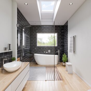 Alfi brand Oval Acrylic Free Standing Soaking Bathtub, 68'' White Tub Lifestyle Installed View