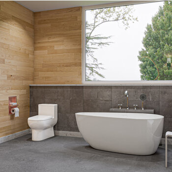 ALFI brand 59'' Oval Acrylic Free Standing Soaking Bathtub in White, 59'' W x 29-1/2'' D x 22-7/8'' H, 59'' White Oval Soaking Bathtub, Installed Angle View