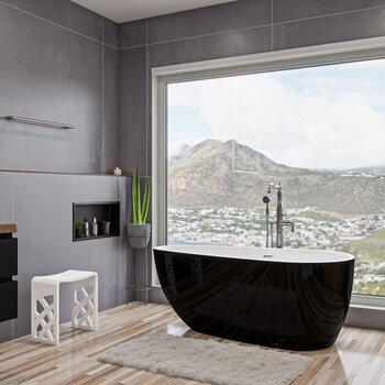 ALFI brand Oval Acrylic Free Standing Soaking Bathtub, 59'' Black Bathtub Lifestyle Installed View