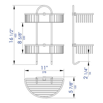 Alfi brand Polished Chrome Wall Mounted Double Basket Shower Shelf Bathroom Accessory, 11'' W x 5-7/8'' D x 16-1/2'' H, Dimensions Drawing