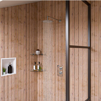 Alfi brand Corner Mounted Glass Shower Shelf Bathroom Accessory, 12-3/4'' W x 9-7/8'' D x 3-1/2'' H, Polished Chrome, Installed Angle View