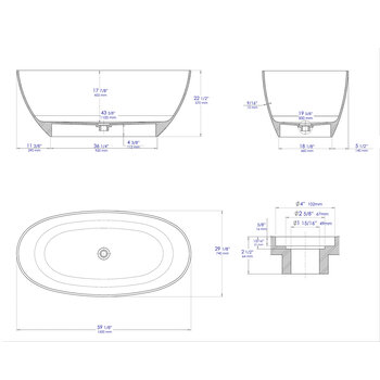 ALFI brand Oval Solid Surface Resin Soaking Bathtub, Dimensions Drawing
