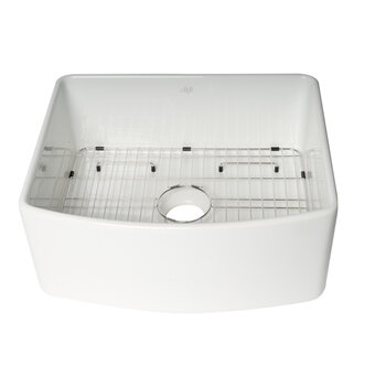 ALFI brand ABFC2420-W White Smooth Curved Apron 24'' x 20'' Single Bowl Fireclay Farm Sink with Grid, 24" W x 20" D x 10" H