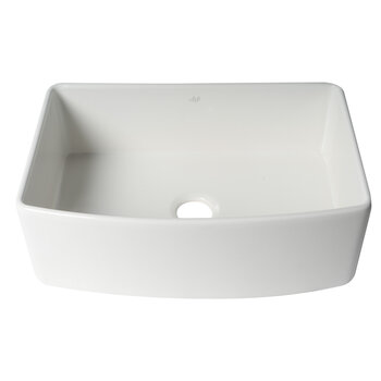 ALFI brand ABFC3020-W White Smooth Curved Apron 30'' x 20'' Single Bowl Fireclay Farm Sink with Grid, 30" W x 20" D x 10" H