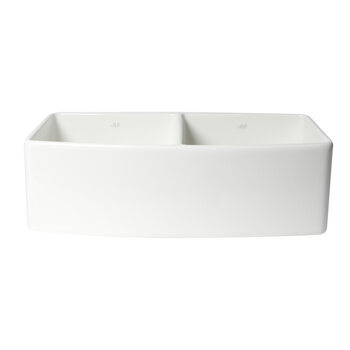ALFI brand White Smooth Curved Apron Double Bowl Fireclay Farm Sink with Grid, 33" W x 20" D x 10" H