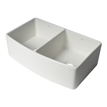ALFI brand White Smooth Curved Apron Double Bowl Fireclay Farm Sink with Grid, 33" W x 20" D x 10" H