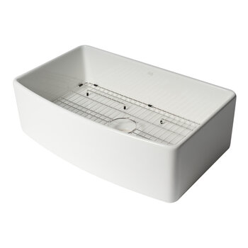 ALFI brand ABFC3320S-W White Smooth Curved Apron 33'' x 20'' Single Bowl Fireclay Farm Sink with Grid, 33" W x 20" D x 10" H