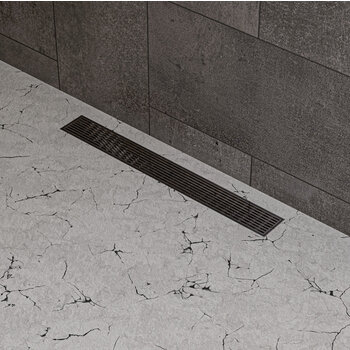 ALFI brand 24'' Modern Linear Shower Drain with Groove Lines, 24'' W x 3'' D x 3-1/8'' H, 24'' Drain w/ Groove Lines S/ Steel, Installed Overhead Angle View