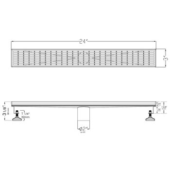 ALFI brand 24'' Modern Linear Shower Drain with Groove Lines, 24'' W x 3'' D x 3-1/8'' H, 24'' Drain w/ Groove Lines S/ Steel, Dimensions