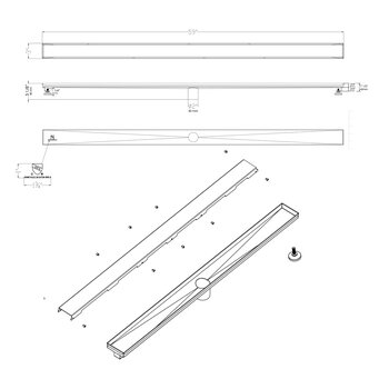 ALFI brand Stainless Steel Linear Shower Drain with Solid Cover, Dimensions Drawing